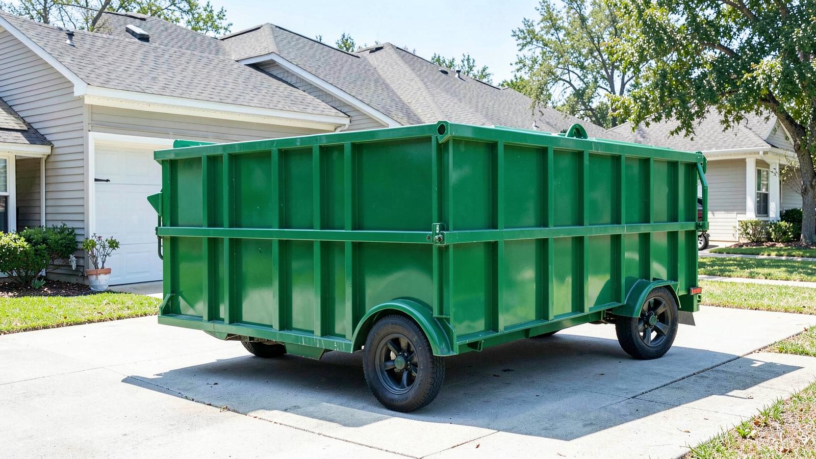 Green roll-off dumpster delivered to a residential driveway in Bessemer, Alabama