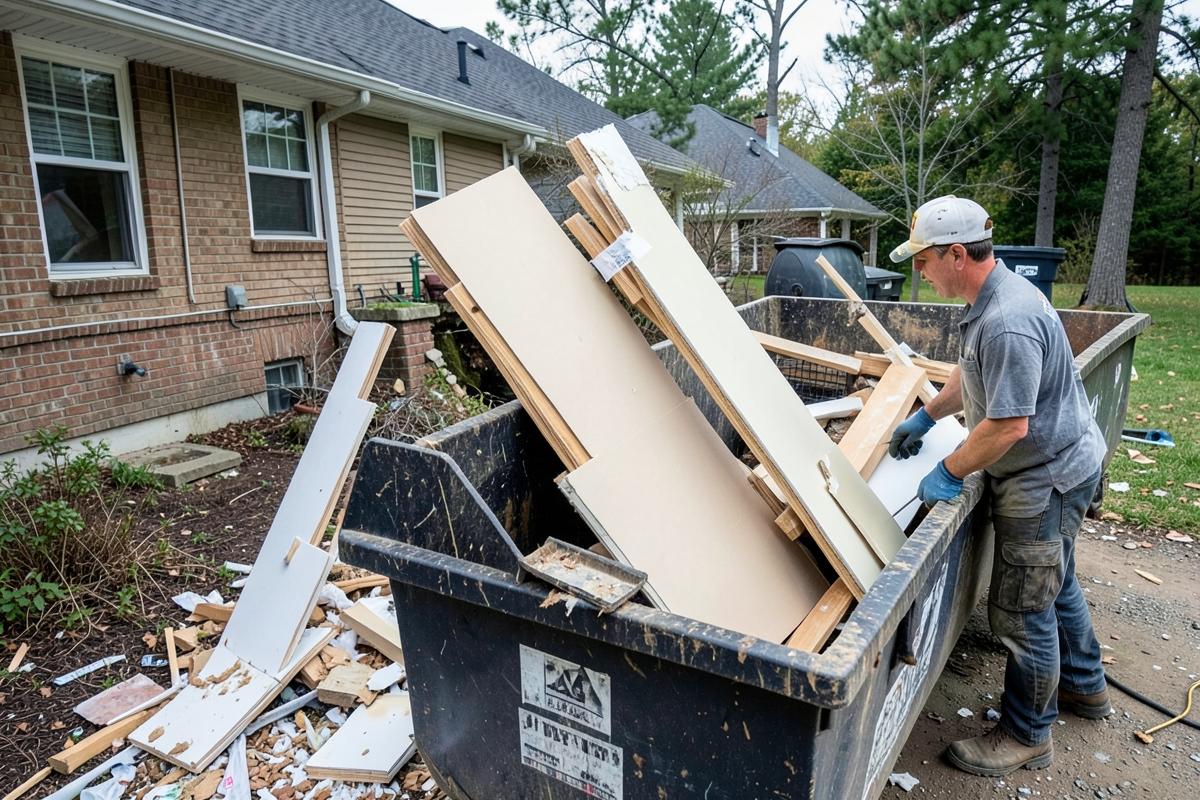 Contractor loading renovation debris into a roll-off dumpster